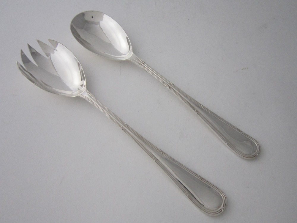 Antique George V Sterling Silver Ribbon & Reed Salad Servers - 1915