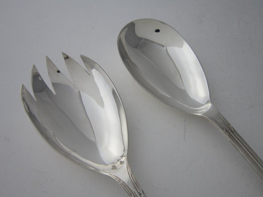 Antique George V Sterling Silver Ribbon & Reed Salad Servers - 1915 View II
