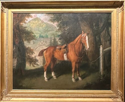Large 18th century portrait oil painting of a chestnut horse at the entrance to stables