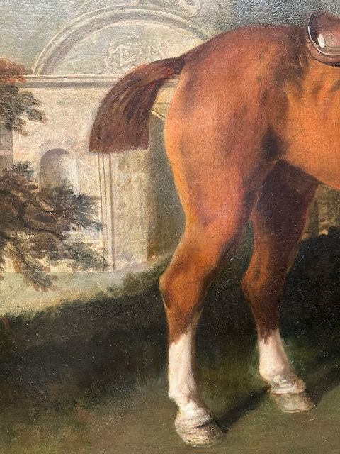 fig 1. Large 18th century portrait oil painting of a chestnut horse at the entrance to stables