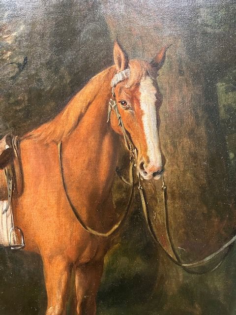 fig 2. Large 18th century portrait oil painting of a chestnut horse at the entrance to stables