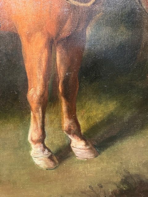 fig 3. Large 18th century portrait oil painting of a chestnut horse at the entrance to stables