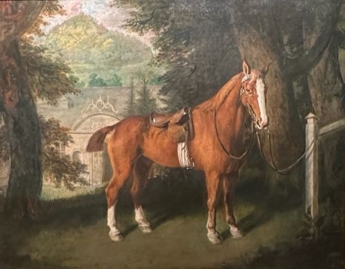 fig 4. Large 18th century portrait oil painting of a chestnut horse at the entrance to stables