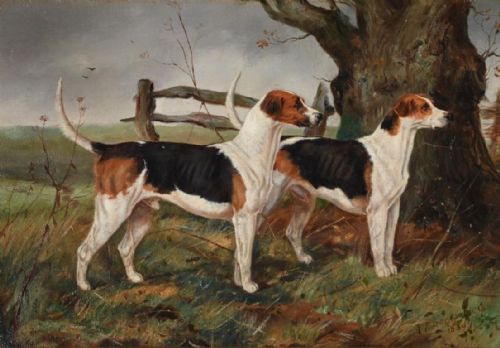 fig 1. An oil painting depicting two tricolour hounds standing in a field next to a tree trunk, housed within a molded gilt frame.
