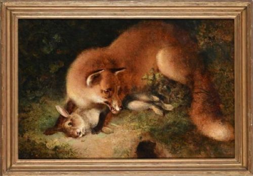 19th Century Oil Painting of a Fox with a Rabbit in Woodland, Circle of George William Horlor