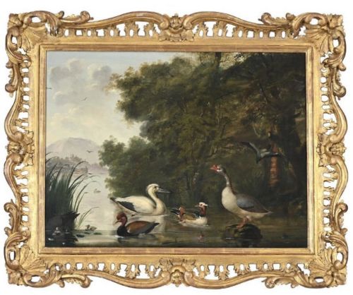 17th century oil painting of a pelican, goose and ducks in a woodland river setting attributed to Marmaduke Cradock (1660-1716)