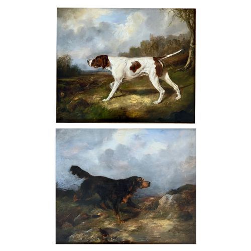 fig 1. A pair of 19th century oil paintings of a setter and a pointer dog in a landscape by George Wright (1860-1942)
