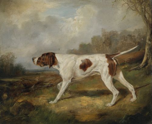 fig 3. A pair of 19th century oil paintings of a setter and a pointer dog in a landscape by George Wright (1860-1942)