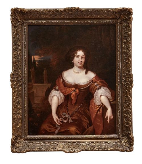 17th Century Portrait Oil Painting of a Lady Seated on a Garden Terrace by Caspar Netscher, Circa 1680