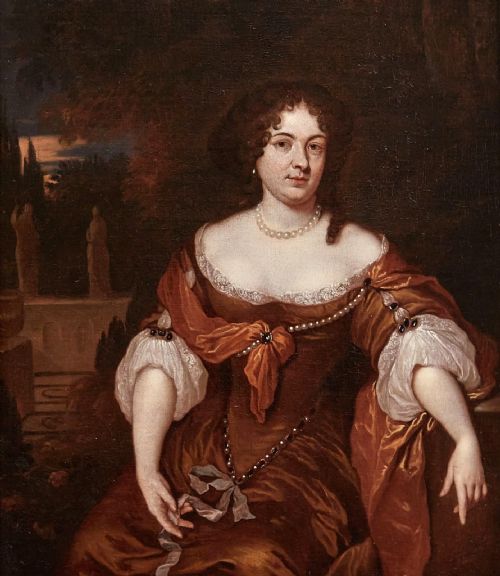 fig 1. 17th century portrait oil painting of a lady seated on a garden terrace by Caspar Netscher, circa 1680