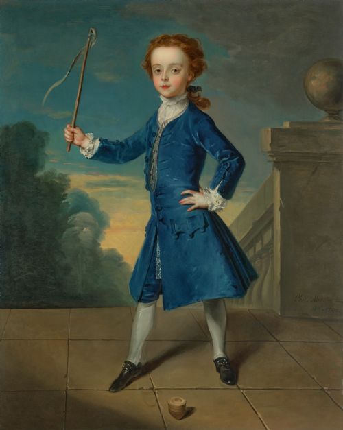 fig 1. An 18th-century full-length oil painting of a young boy in a blue coat holding a whip beside a spinning top, set within a carved gold frame.