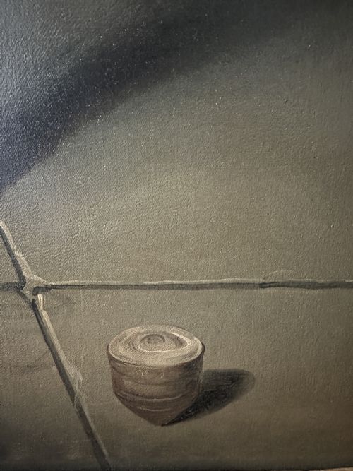 fig 5. An 18th-century full-length oil painting of a young boy in a blue coat holding a whip beside a spinning top, set within a carved gold frame.