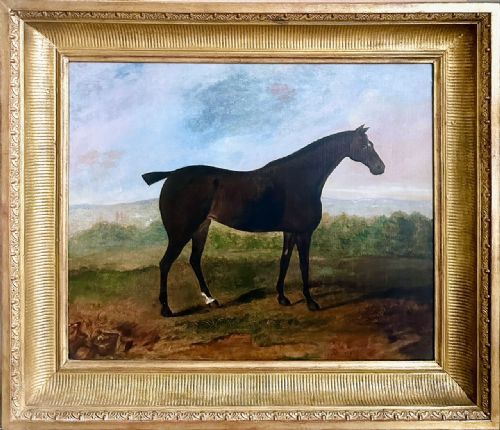 19th Century Portrait Painting of a Dark Bay Horse in an Extensive Landscape by David Dalby of York (Fl.1794-1836)