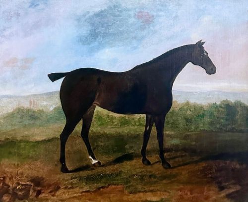 fig 1. 19th century portrait painting of a dark bay horse in an extensive landscape by David Dalby of York (fl.1794-1836)