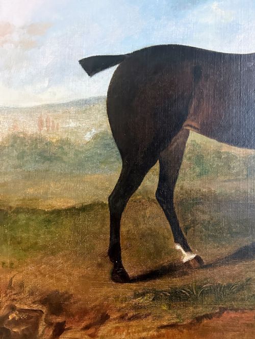 fig 2. 19th century portrait painting of a dark bay horse in an extensive landscape by David Dalby of York (fl.1794-1836)