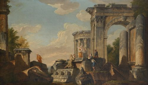 A PAIR OF 18TH CENTURY ITALIAN LANDSCAPE PAINTINGS WITH CLASSICAL RUINS AND FIGURES CIRCLE OF GIOVANNI PAOLO PANINI - ADDITIONAL PHOTO 1