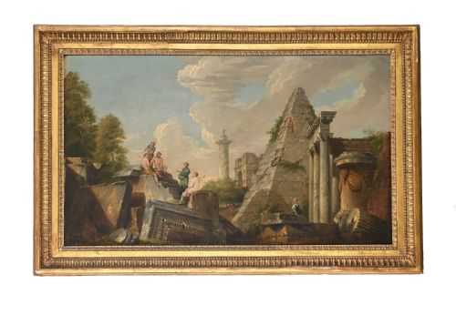 A PAIR OF 18TH CENTURY ITALIAN LANDSCAPE PAINTINGS WITH CLASSICAL RUINS AND FIGURES CIRCLE OF GIOVANNI PAOLO PANINI - ADDITIONAL PHOTO 2