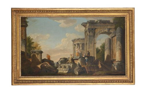 A PAIR OF 18TH CENTURY ITALIAN LANDSCAPE PAINTINGS WITH CLASSICAL RUINS AND FIGURES CIRCLE OF GIOVANNI PAOLO PANINI - ADDITIONAL PHOTO 3
