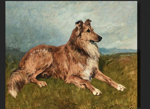 fig 1. An oil painting on canvas depicting a sable rough collie reclining in an open landscape, framed in a beaded gilt wood frame.