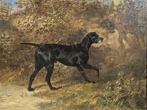 fig 2. A 19th-century oil painting depicting a black pointer dog in profile against a landscape, set within a carved gilt wood frame.