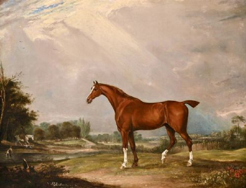 fig 1. A nineteenth-century oil painting on canvas depicting a chestnut horse standing in profile within a rural river landscape, housed in a moulded gilt frame.
