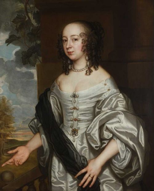 fig 1. A 17th-century oil painting depicting a lady wearing a white satin gown and pearl jewellery set in a carved gold leaf frame.