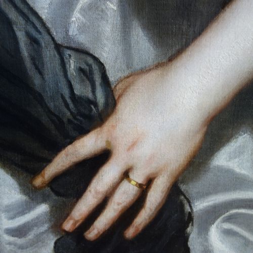 fig 3. A 17th-century oil painting depicting a lady wearing a white satin gown and pearl jewellery set in a carved gold leaf frame.
