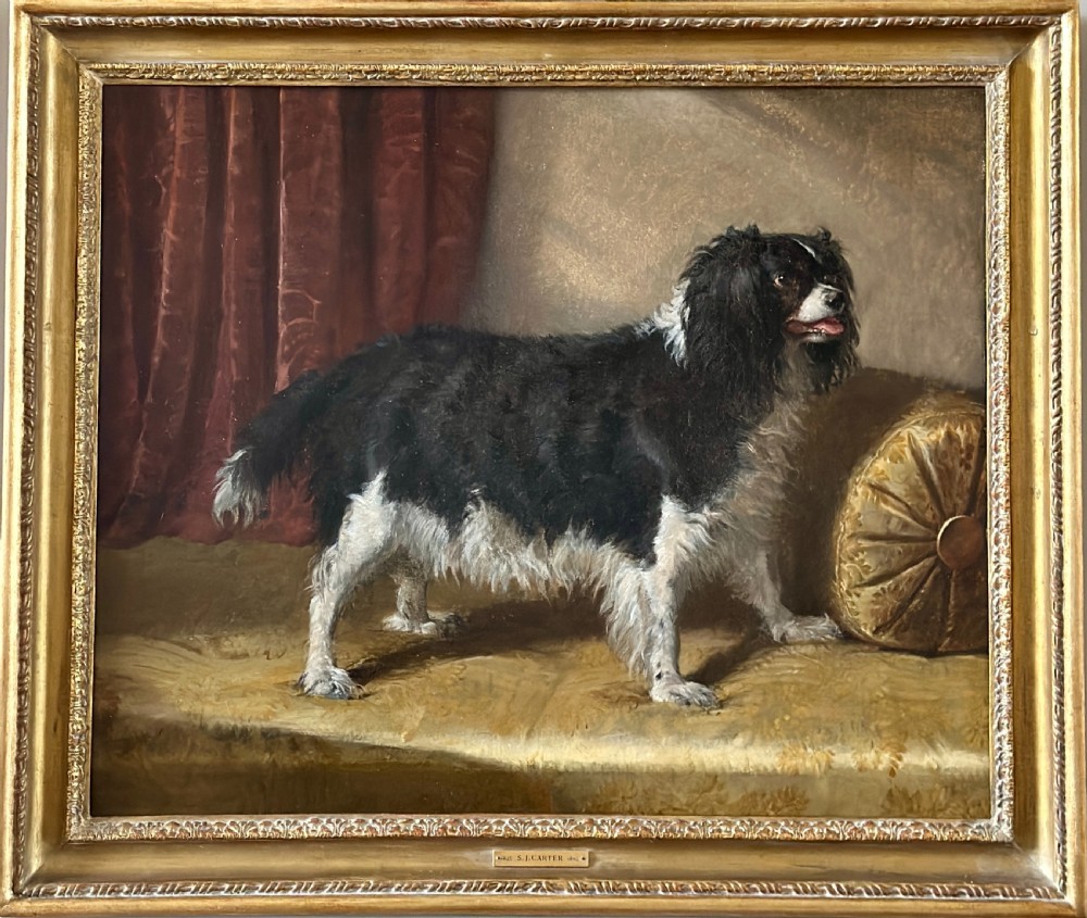 A 19th-century oil painting depicting a black and white spaniel standing on a gilded surface beside a gold cushion and red curtain, presented in a carved gilt frame.