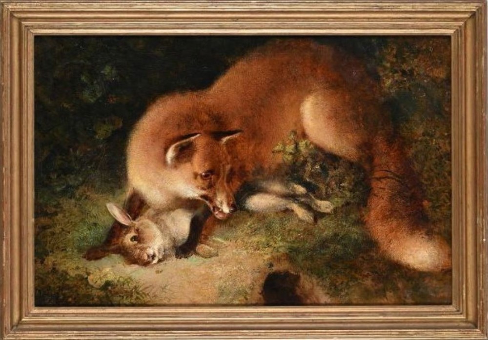 19th century oil painting of a fox with a rabbit in woodland, circle of George William Horlor