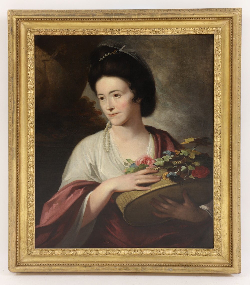 An 18th-century oil portrait of a lady holding a basket of flowers, framed in a carved gilt frame.