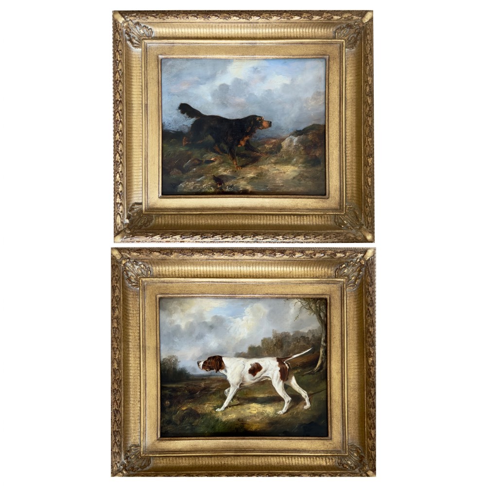 A pair of 19th century oil paintings of a setter and a pointer dog in a landscape by George Wright (1860-1942)