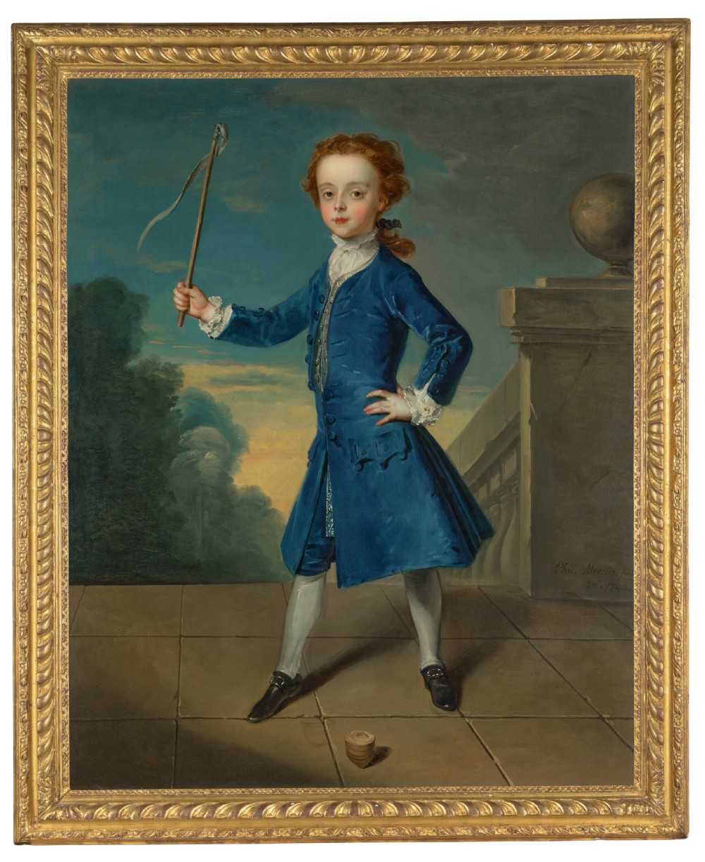 An 18th-century full-length oil painting of a young boy in a blue coat holding a whip beside a spinning top, set within a carved gold frame.