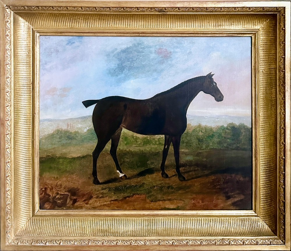 19th century portrait painting of a dark bay horse in an extensive landscape by David Dalby of York (fl.1794-1836)