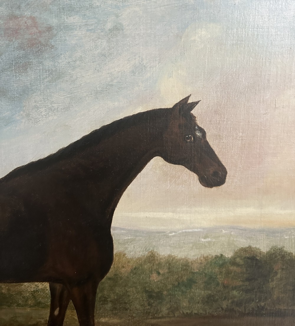 19th century portrait painting of a dark bay horse in an extensive landscape by David Dalby of York (fl.1794-1836) View V
