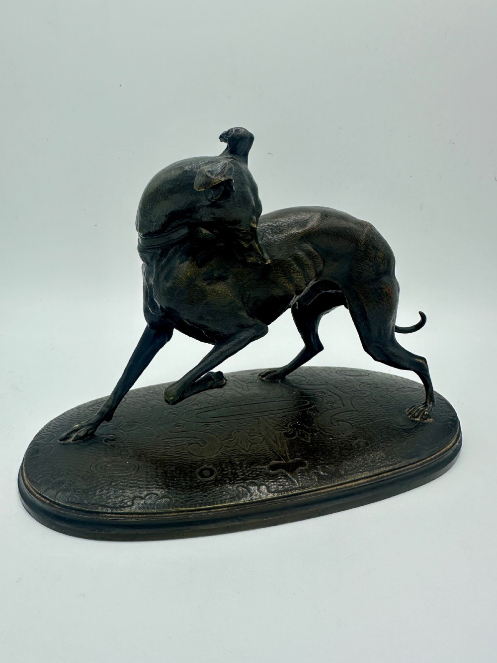A dark patinated bronze sculpture depicting a greyhound scratching its neck, set on an oval decorated base. View II