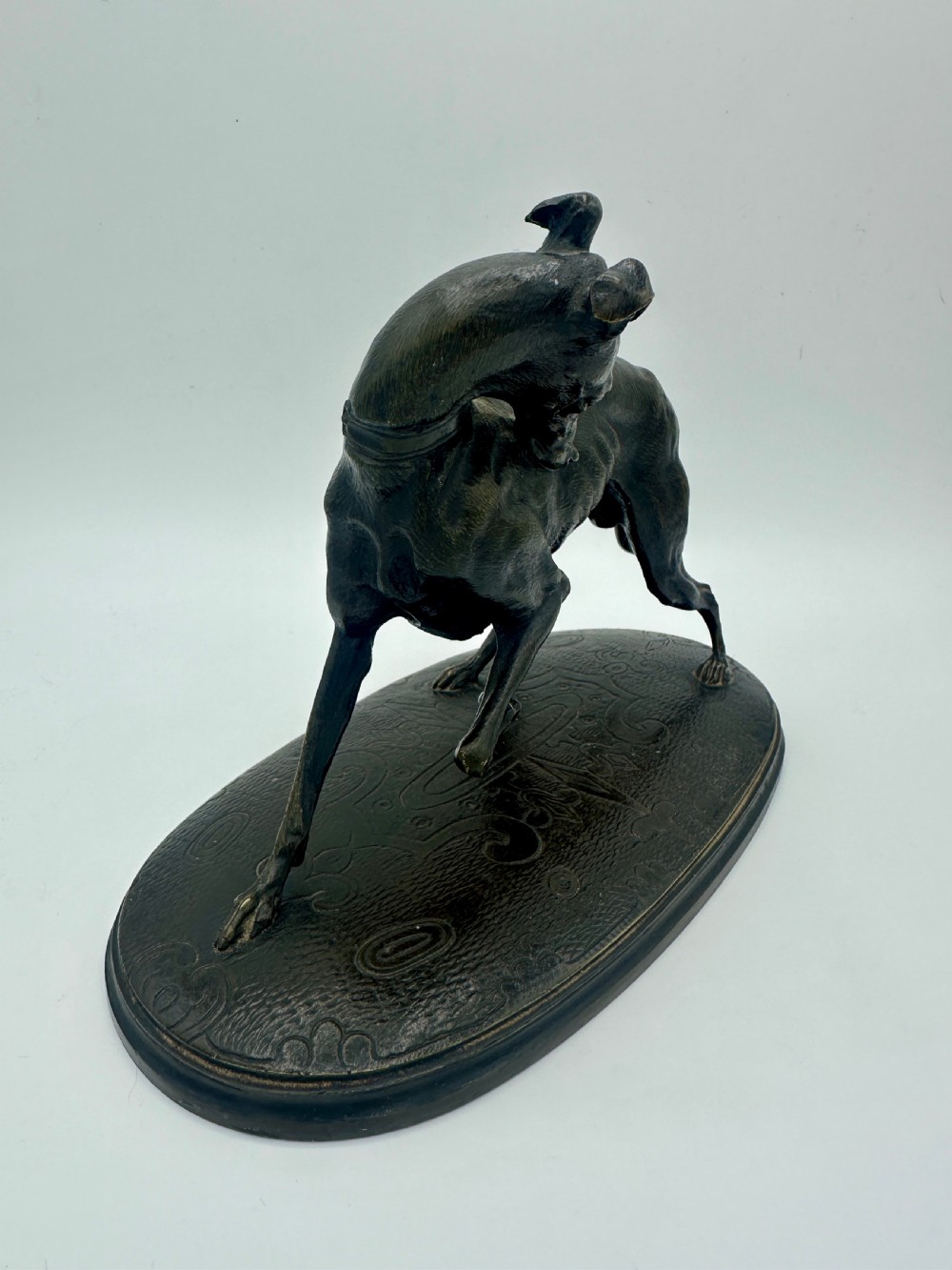 A dark patinated bronze sculpture depicting a greyhound scratching its neck, set on an oval decorated base. View III