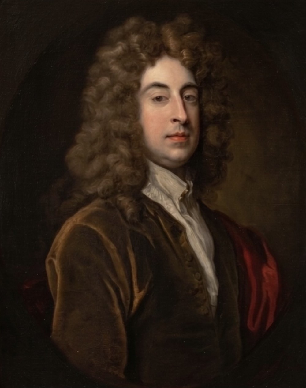 An oil painting of a gentleman with a long dark wig and brown velvet jacket set inside an ornate gilded frame. View II
