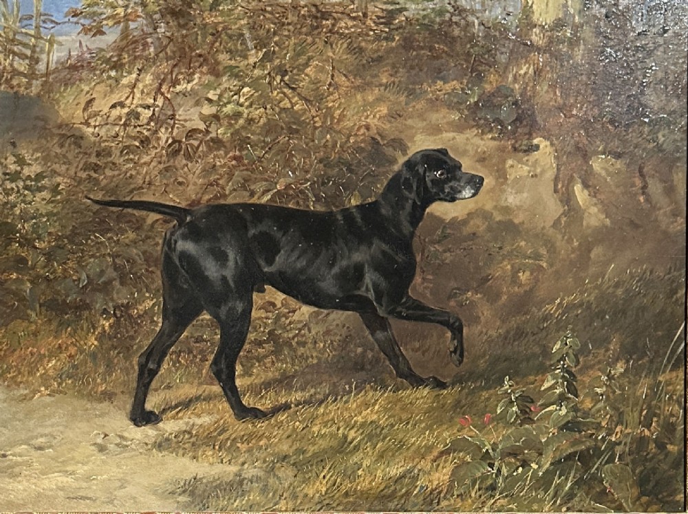 A 19th-century oil painting depicting a black pointer dog in profile against a landscape, set within a carved gilt wood frame. View III