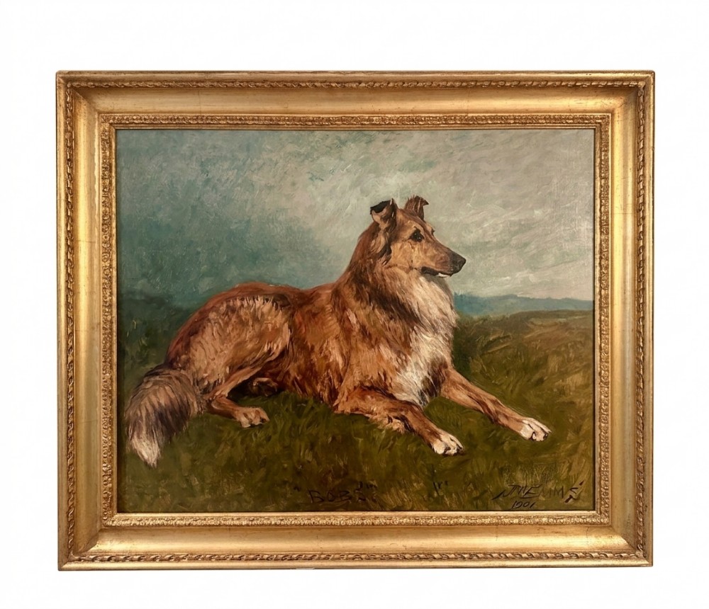 An oil painting on canvas depicting a sable rough collie reclining in an open landscape, framed in a beaded gilt wood frame.