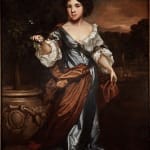 A full-length 17th-century oil portrait of a young girl wearing a blue gown standing on a terrace beside a stone urn inside a gilt wood frame. View II