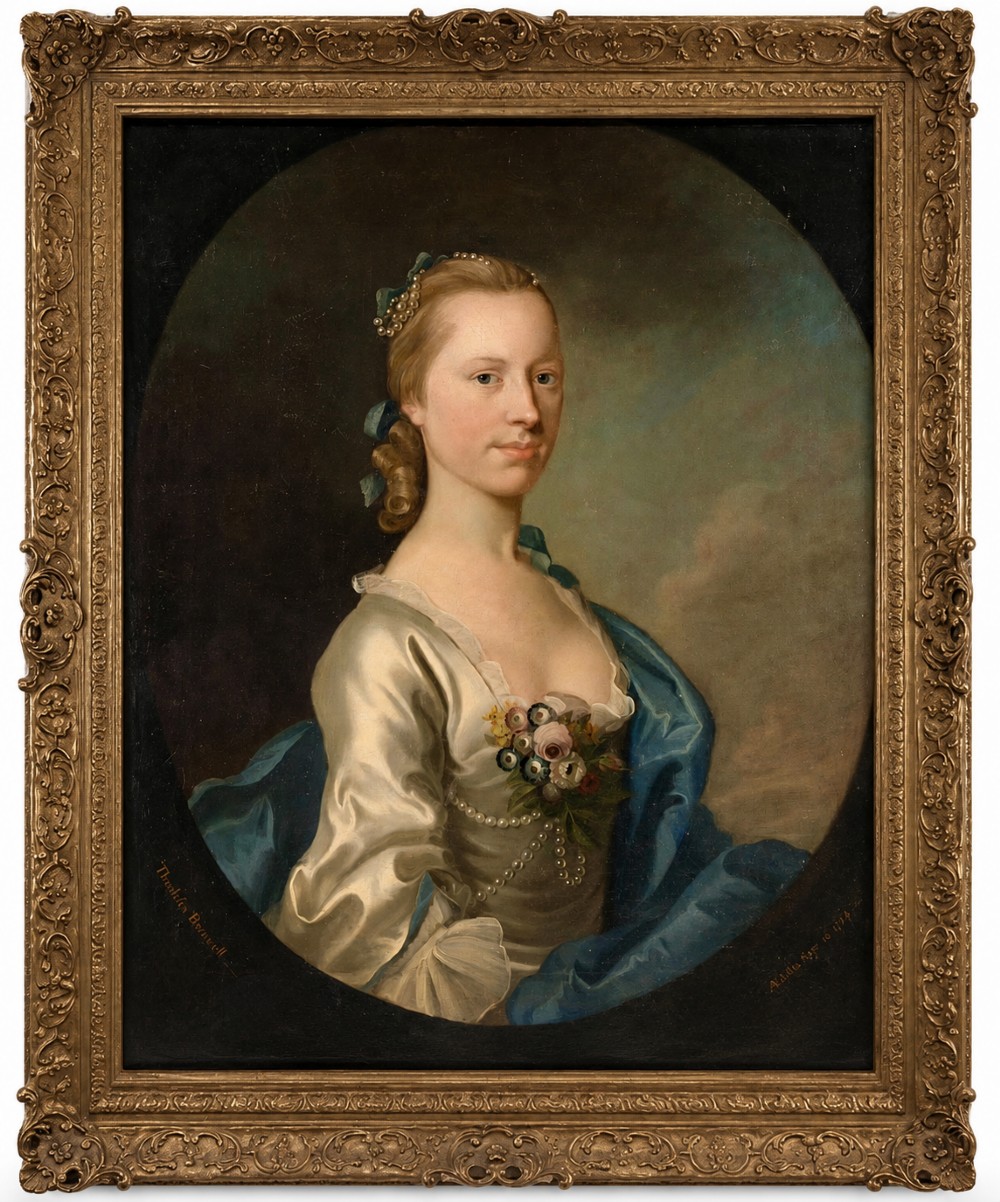 An 18th-century oil painting depicting a young lady in a white satin dress with a blue drape, set within an oval composition inside a heavily carved gold frame.