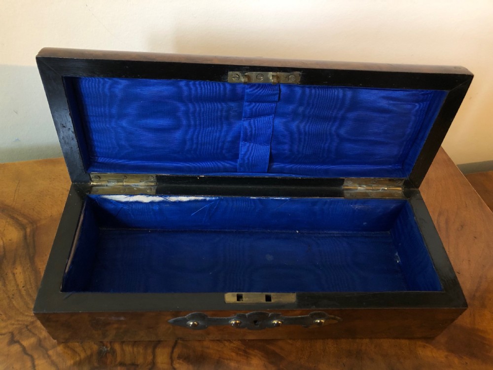 A rectangular Victorian burr walnut box featuring decorative brass strapwork and a central oval blue cameo plaque depicting classical figures. View V
