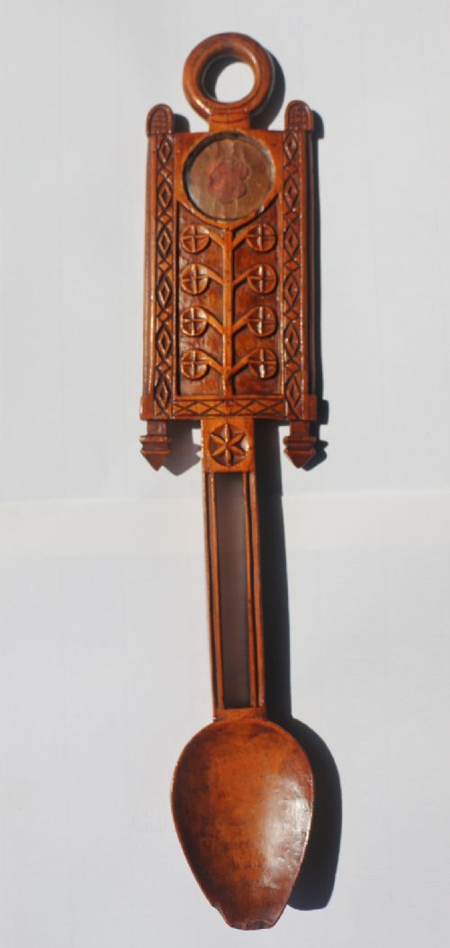 Superb Large 19th Century Carved Welsh Fruitwood Lovespoon with Rare Painted & Glass Inset