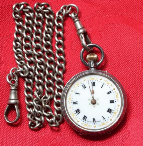 Small Silver & Gold Pocket Watch & Chain