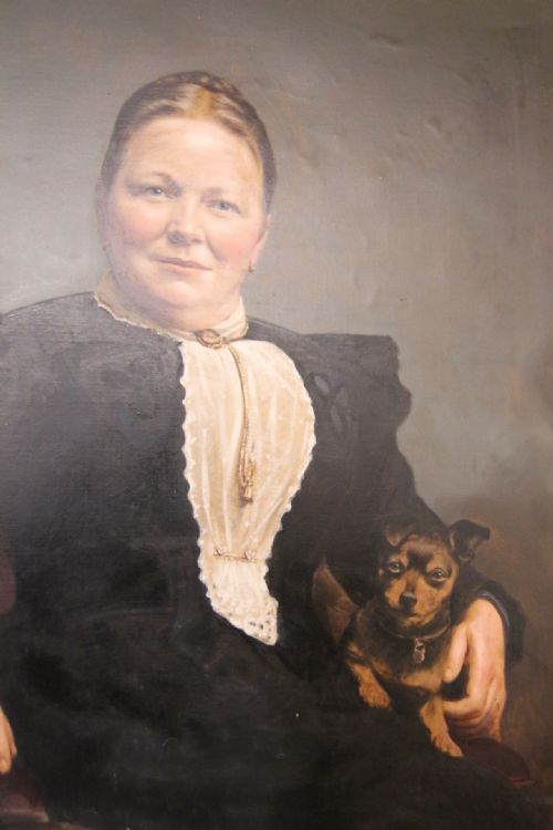 EDWARDIAN CHIRPY LADY WITH DOG OIL PORTRAIT 'J CECIL BRADSHAW' - ADDITIONAL PHOTO 2