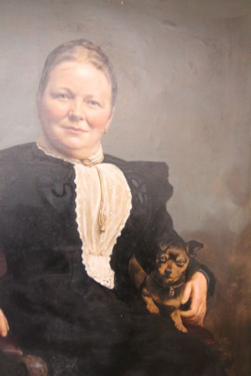 EDWARDIAN CHIRPY LADY WITH DOG OIL PORTRAIT 'J CECIL BRADSHAW' - ADDITIONAL PHOTO 16