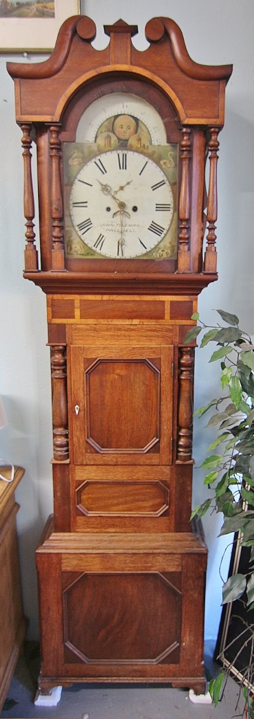A 19th-century Welsh longcase clock crafted from oak and mahogany, featuring a swan-neck pediment, turned columns, and a painted arched dial with moon phase details.