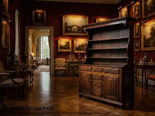 fig 1. An early 18th-century dark oak Welsh dresser featuring an open three-tier plate rack above a sideboard base with drawers and arched panelled cupboards.