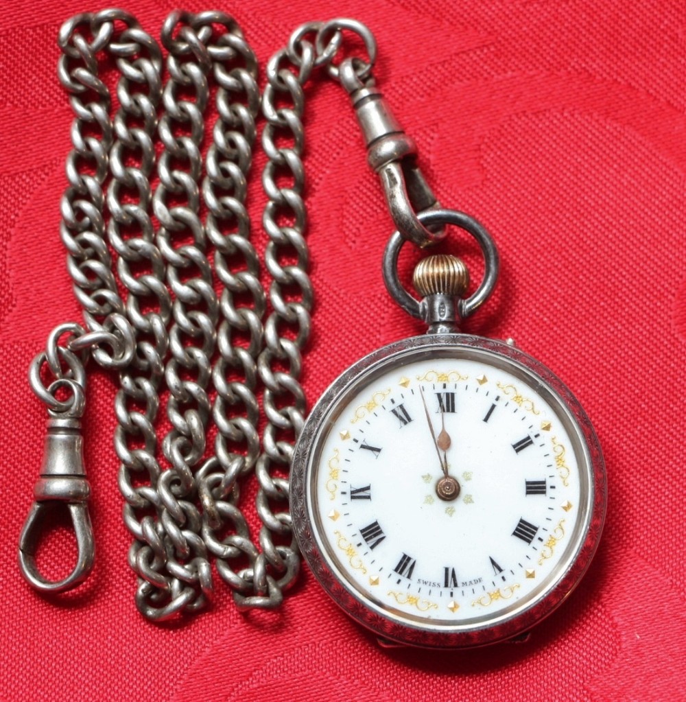 SMALL SILVER & GOLD POCKET WATCH & CHAIN