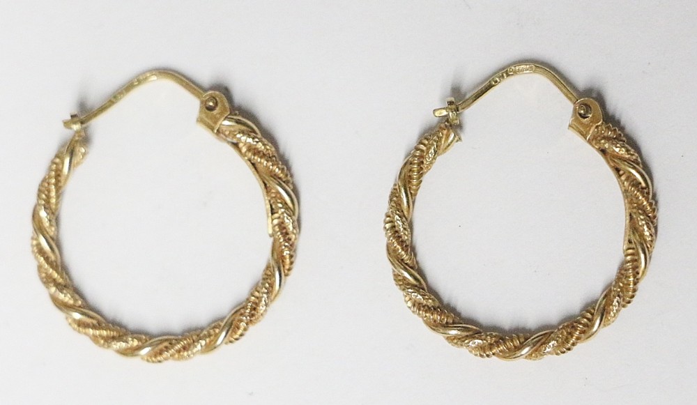 A pair of circular 9ct yellow gold hoop earrings with a textured rope twist design and latch wire fastenings.